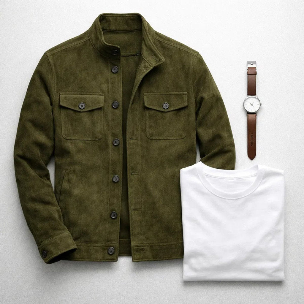 Men's Buttoned Suede Jacket with Stand Collar and Soft Hand