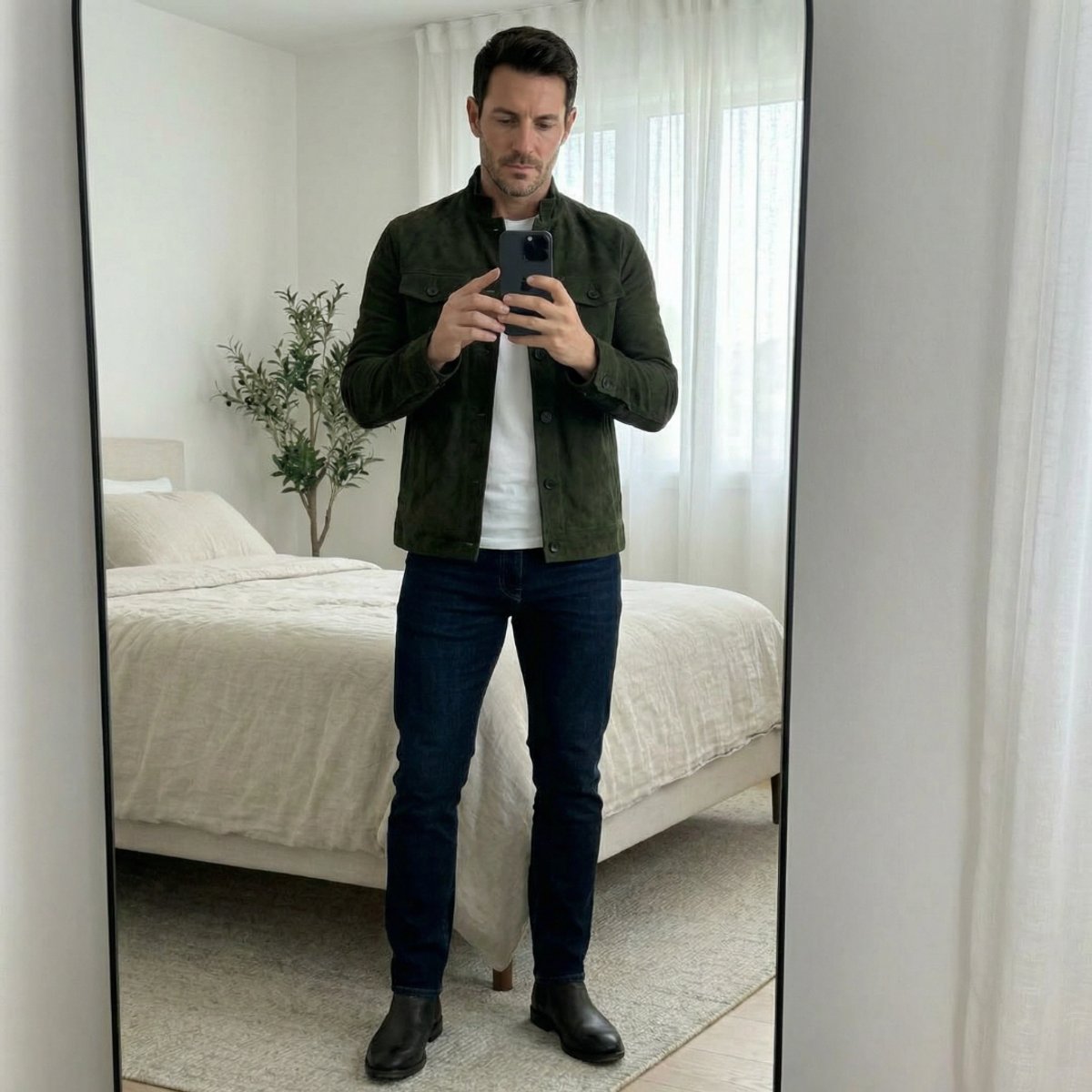 Men's Buttoned Suede Jacket with Stand Collar and Soft Hand