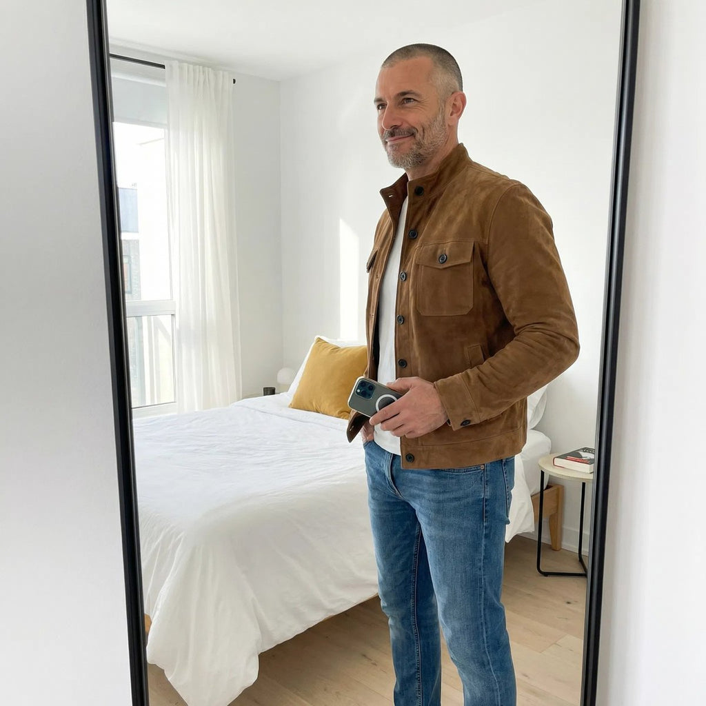 Men's Buttoned Suede Jacket with Stand Collar and Soft Hand