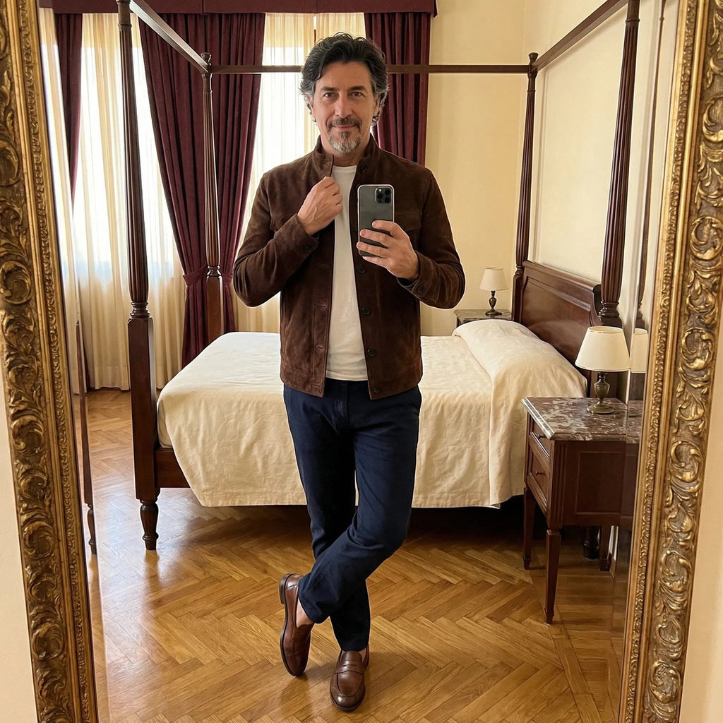 Men's Buttoned Suede Jacket with Stand Collar and Soft Hand