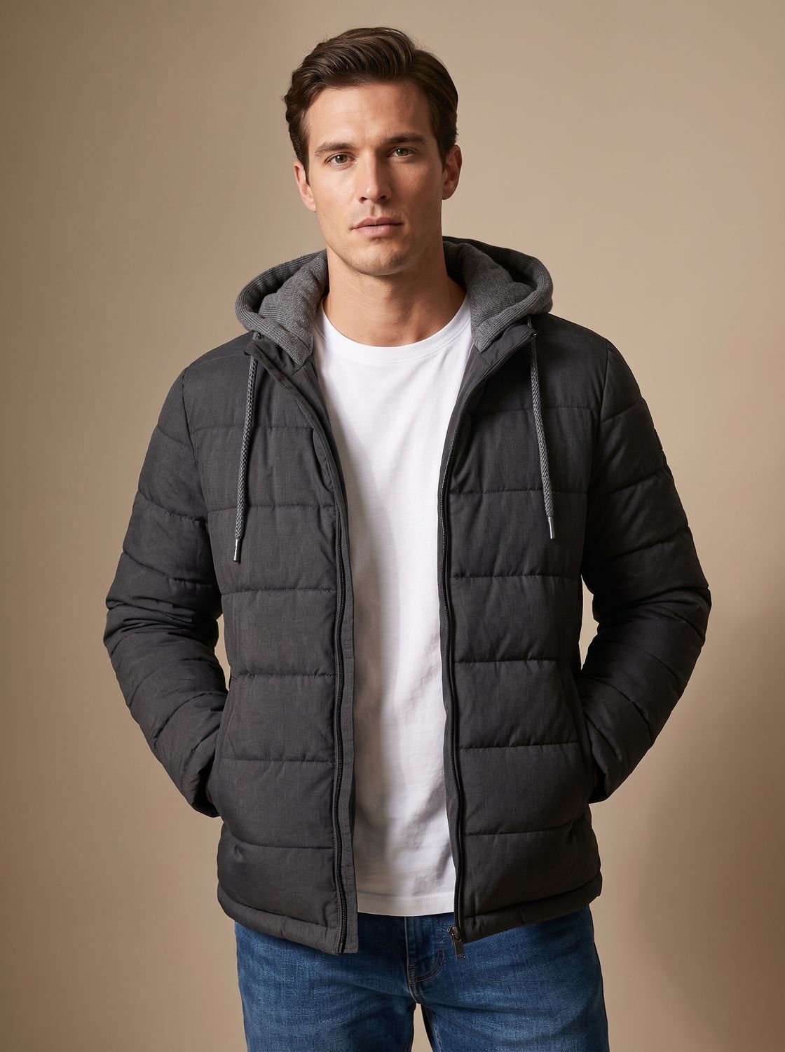 Men's Narrow Quilted Hooded Padded Jacket