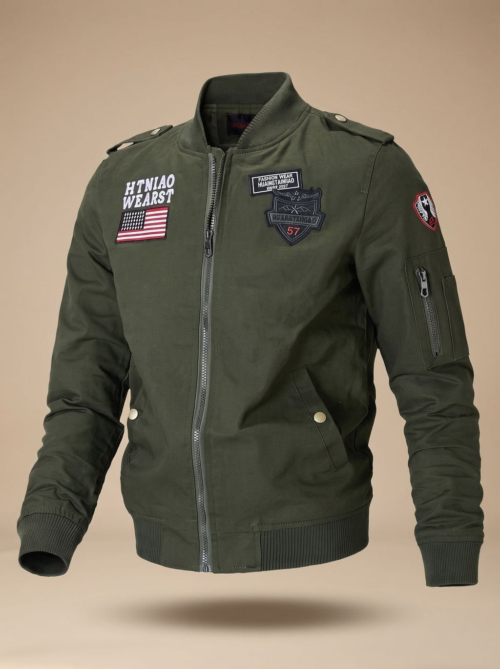 Men's Relaxed Zip-Front Bomber Jacket with Military Patches