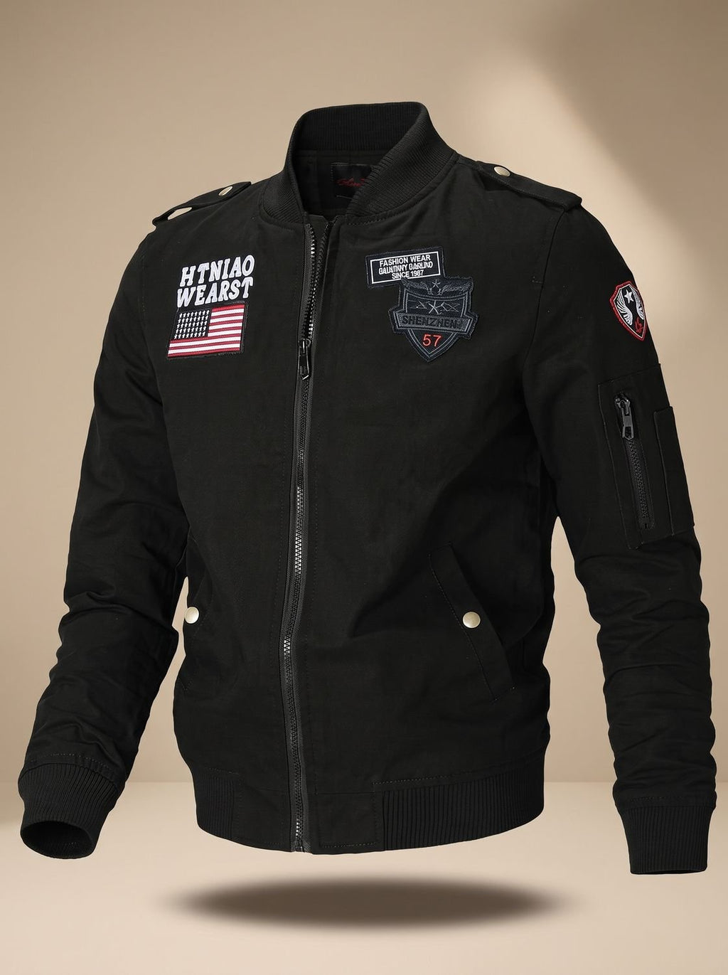 Men's Relaxed Zip-Front Bomber Jacket with Military Patches