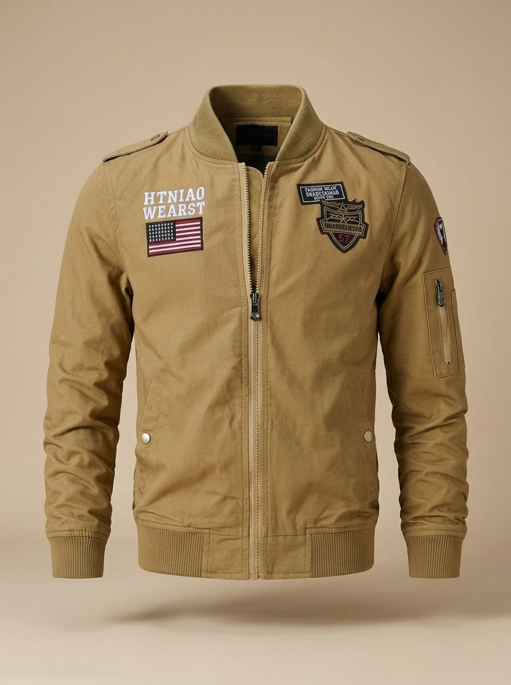 Men's Relaxed Zip-Front Bomber Jacket with Military Patches