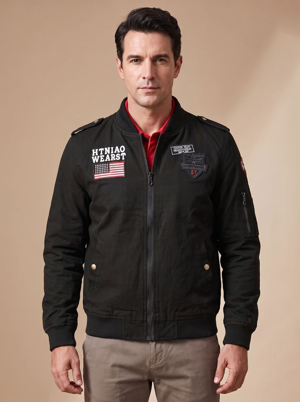 Men's Relaxed Zip-Front Bomber Jacket with Military Patches