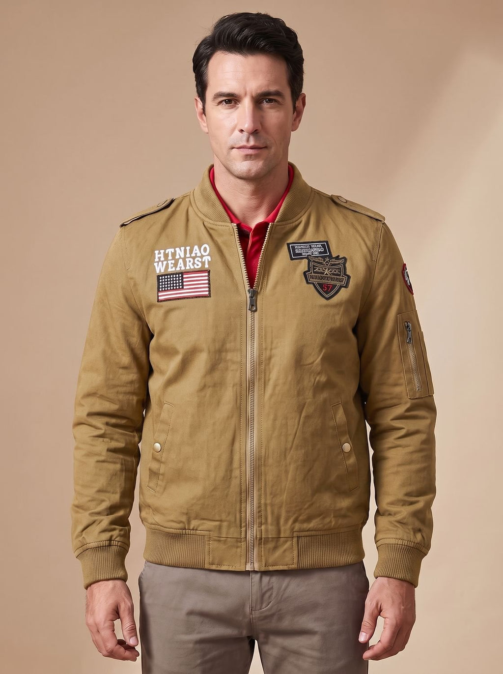 Men's Relaxed Zip-Front Bomber Jacket with Military Patches