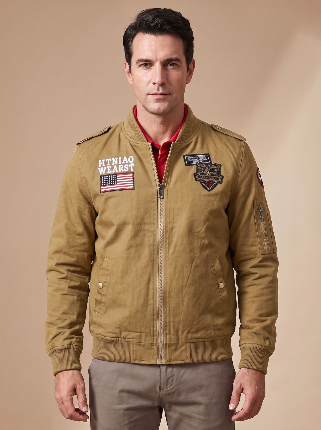 Men's Relaxed Zip-Front Bomber Jacket with Military Patches