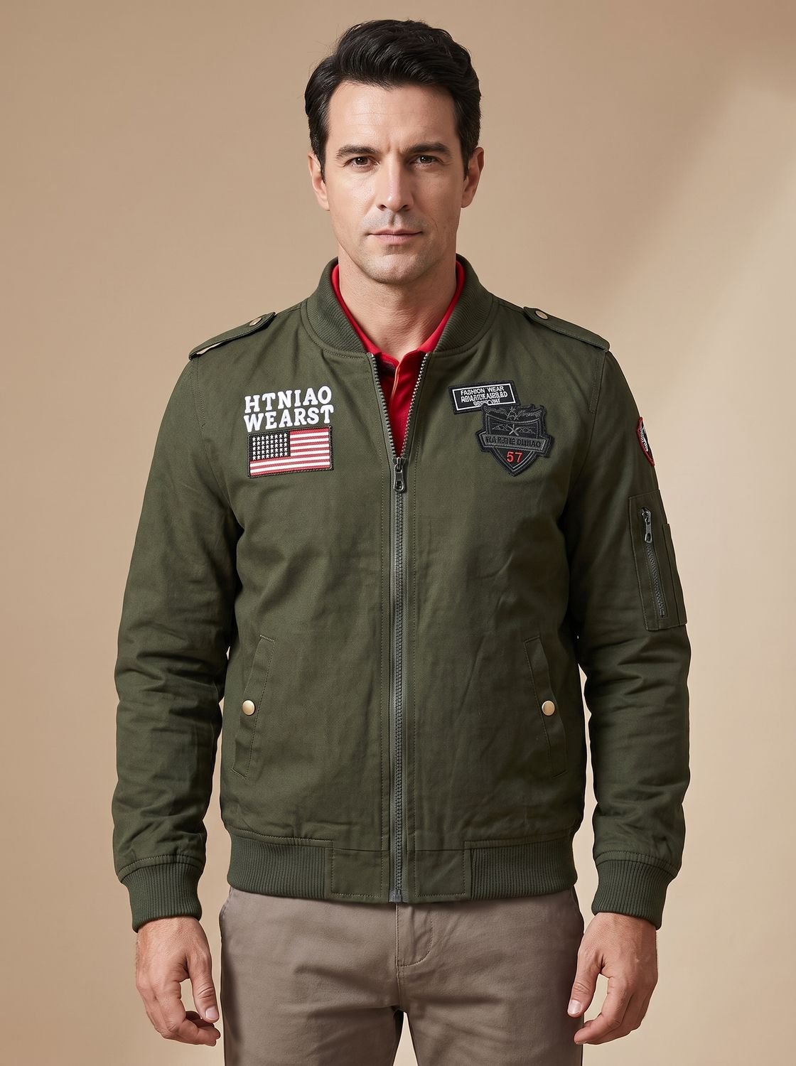 Men's Relaxed Zip-Front Bomber Jacket with Military Patches