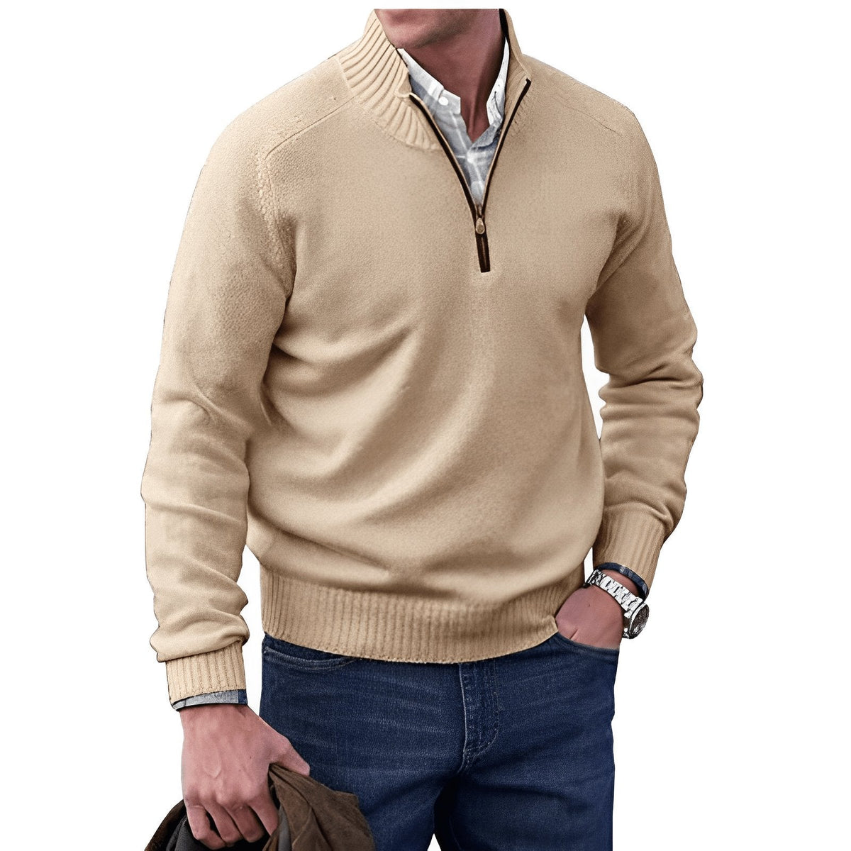 Men's Smart Casual Ribbed Stand Collar Zip Sweater
