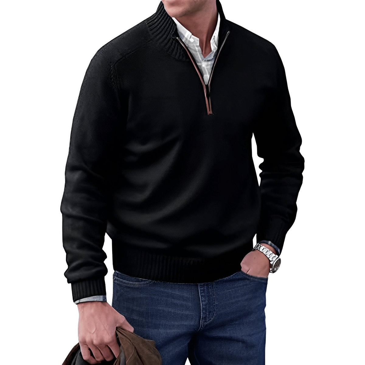 Men's Smart Casual Ribbed Stand Collar Zip Sweater