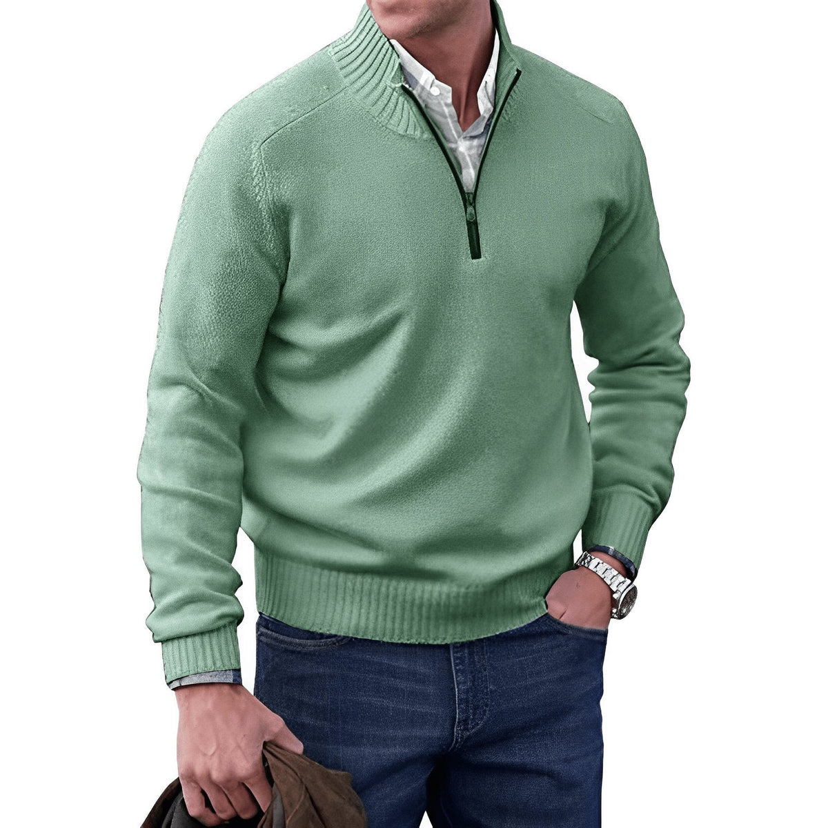 Men's Smart Casual Ribbed Stand Collar Zip Sweater
