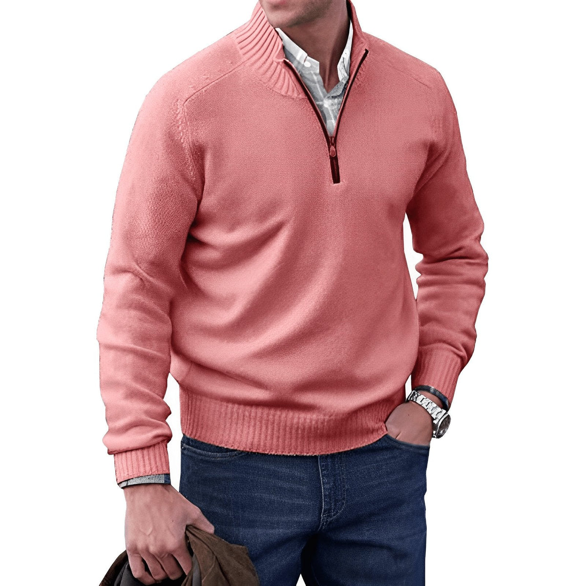 Men's Smart Casual Ribbed Stand Collar Zip Sweater
