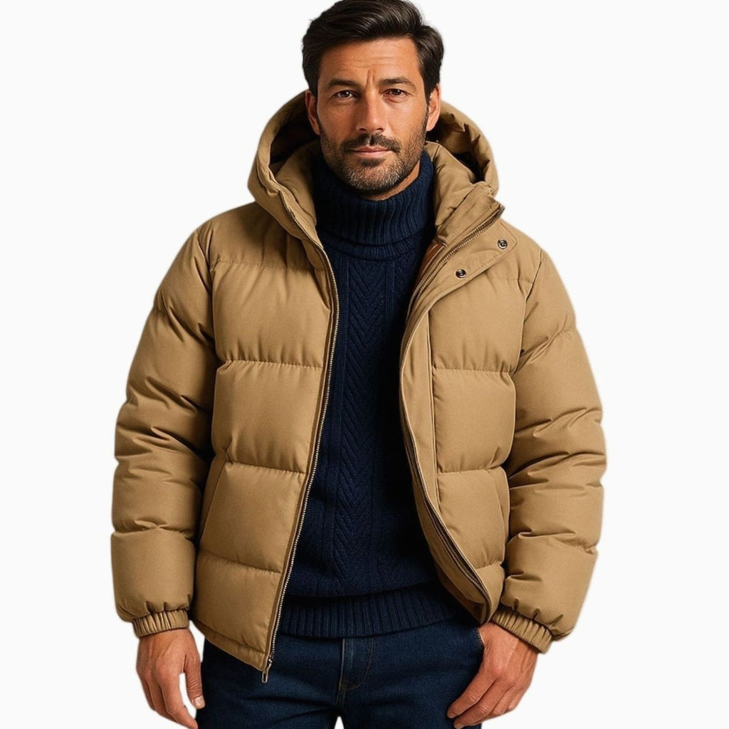 Men's Puffer Coat with Quilted Insulation and Hood