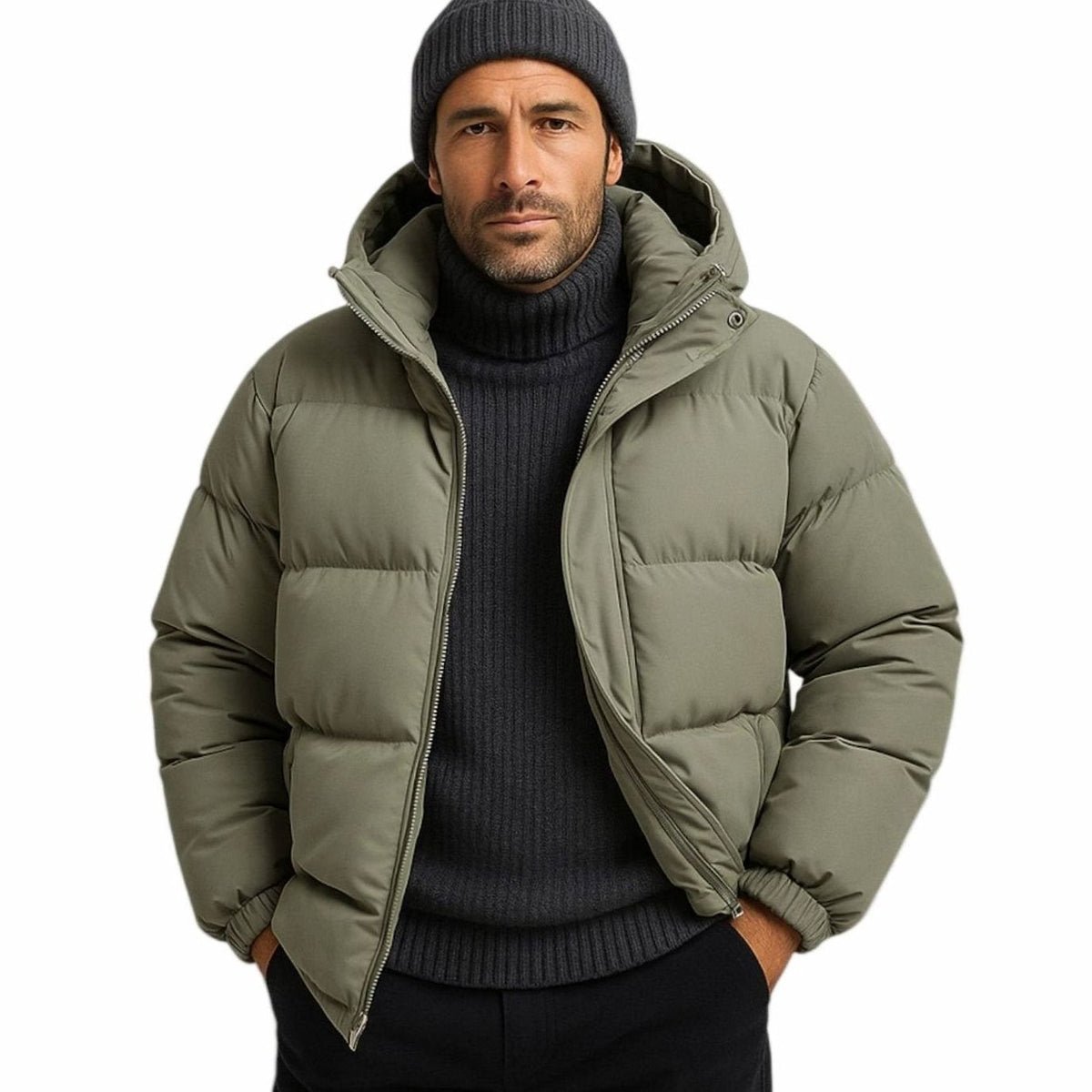 Men's Puffer Coat with Quilted Insulation and Hood