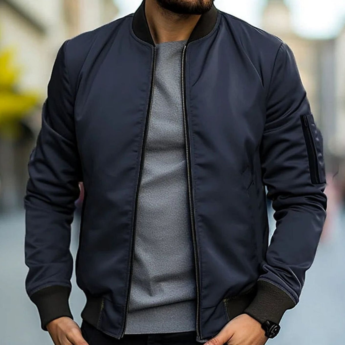 Men's Easy Bomber Style Jacket with Ribbed Cuffs