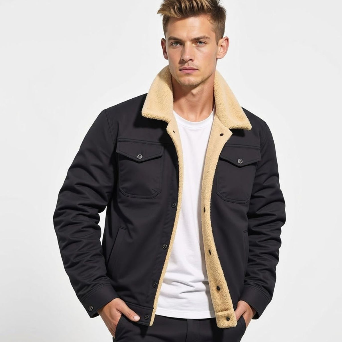 Men's Winter Jacket with Sherpa Fleece Lining and Snaps