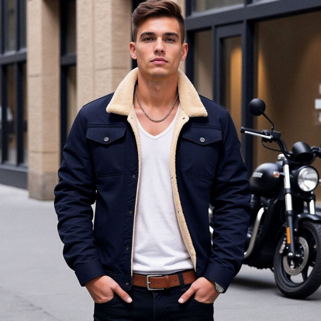 Men's Winter Jacket with Sherpa Fleece Lining and Snaps