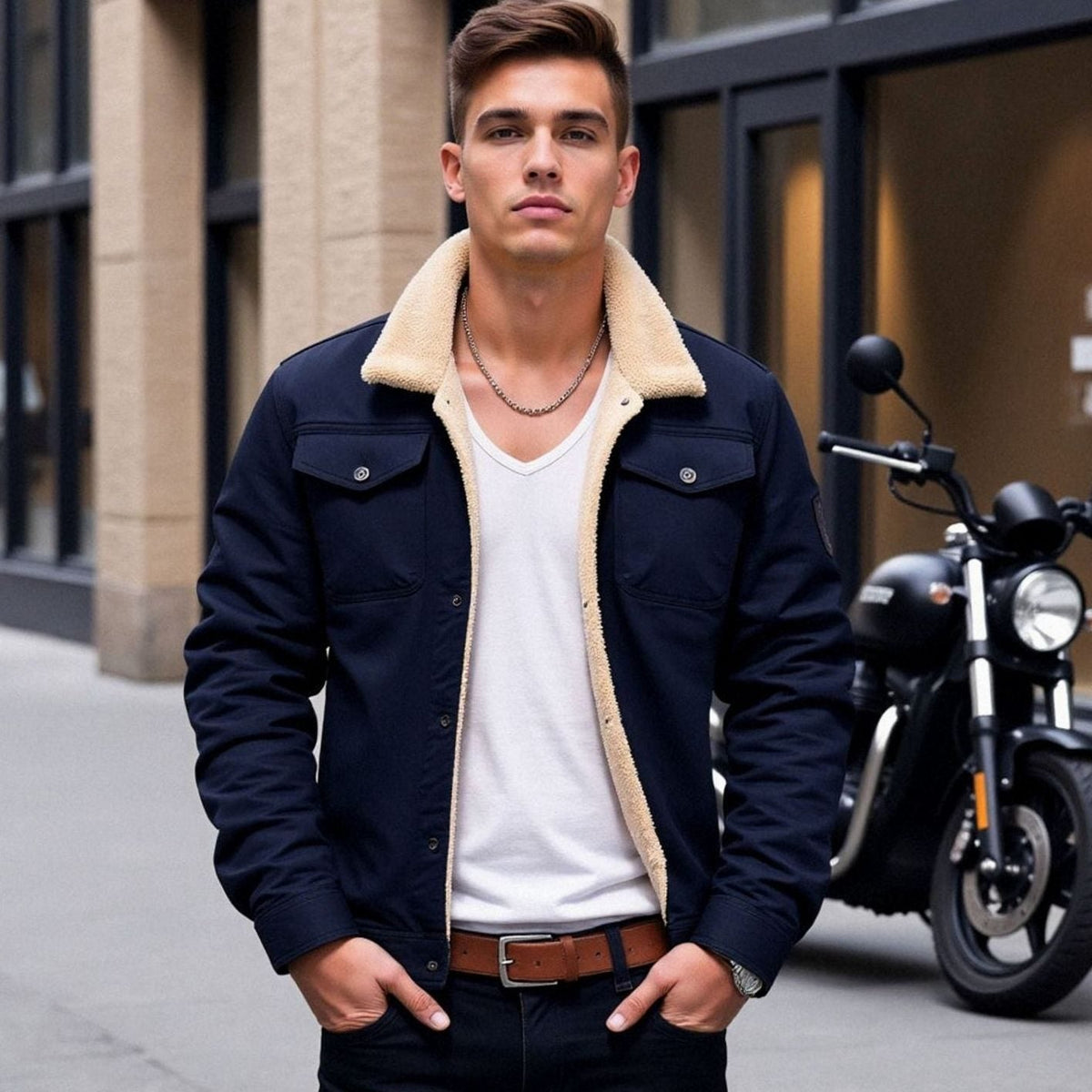 Men's Winter Jacket with Sherpa Fleece Lining and Snaps