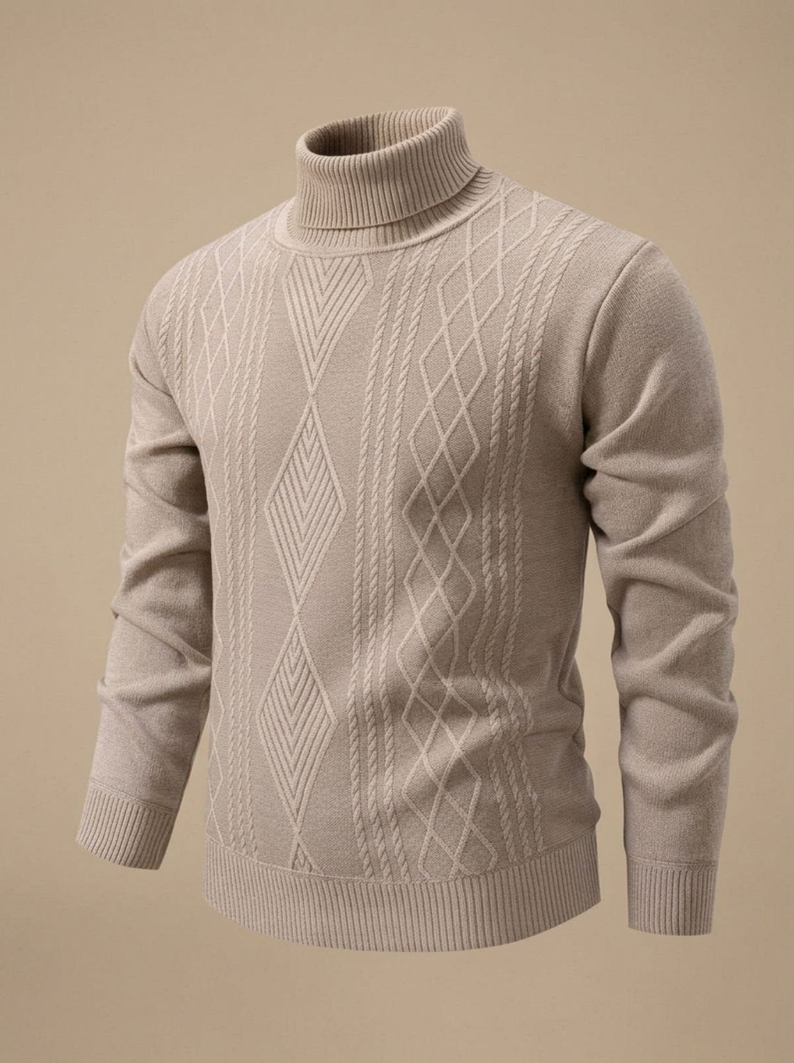 Men's Fitted Cable Textured High Neck Knit Sweater