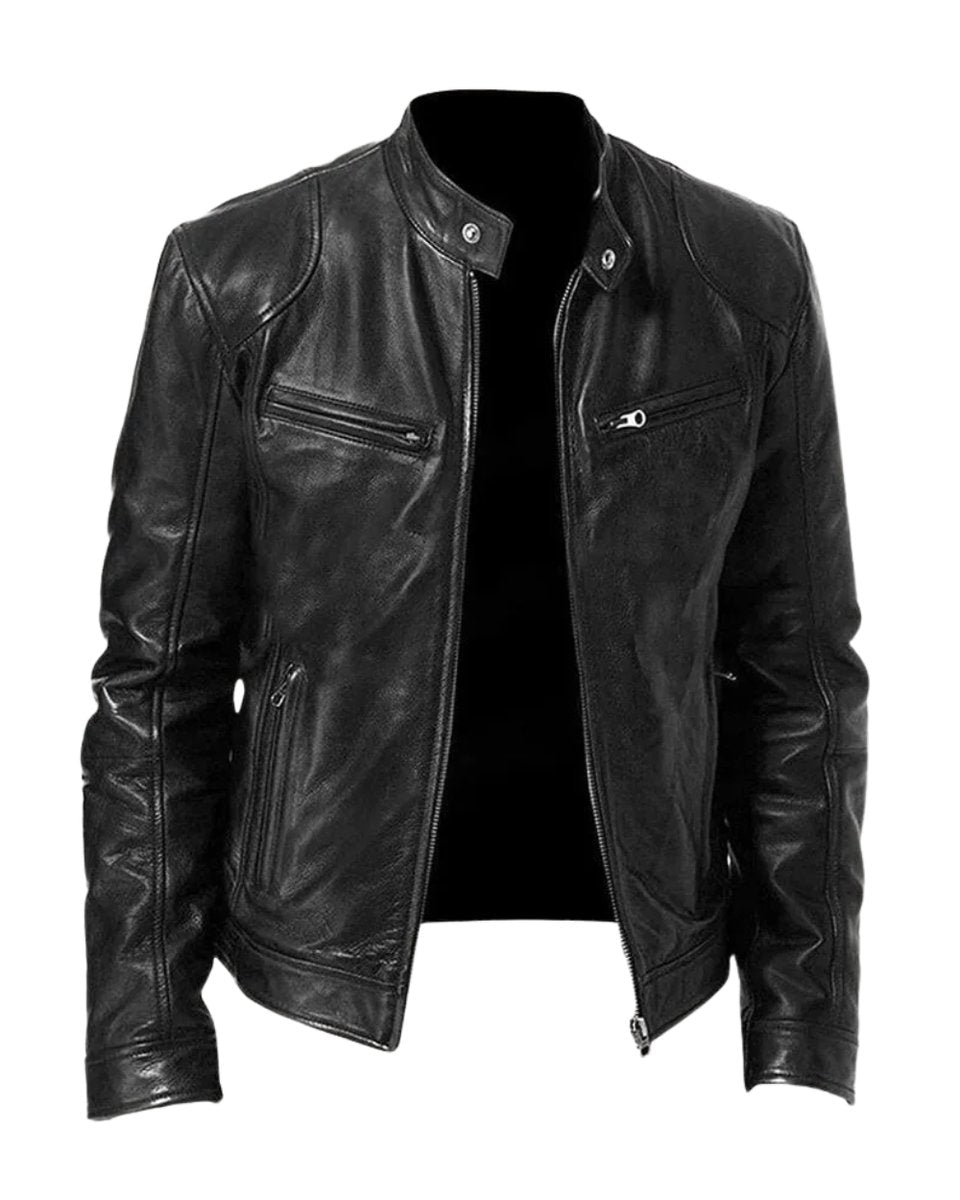 Men's Leather Biker Coat with Quilted Panels