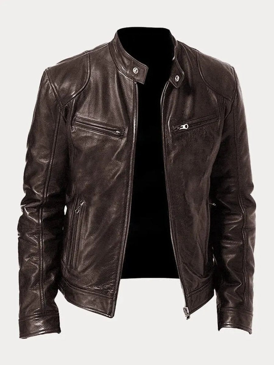 Men's Leather Biker Coat with Quilted Panels
