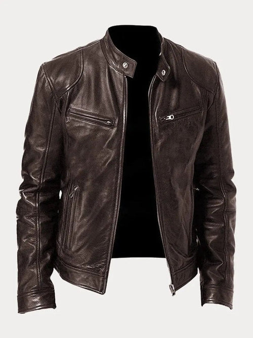 Men's Leather Biker Coat with Quilted Panels