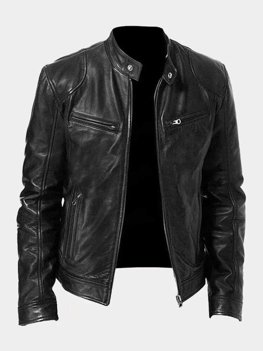 Men's Leather Biker Coat with Quilted Panels