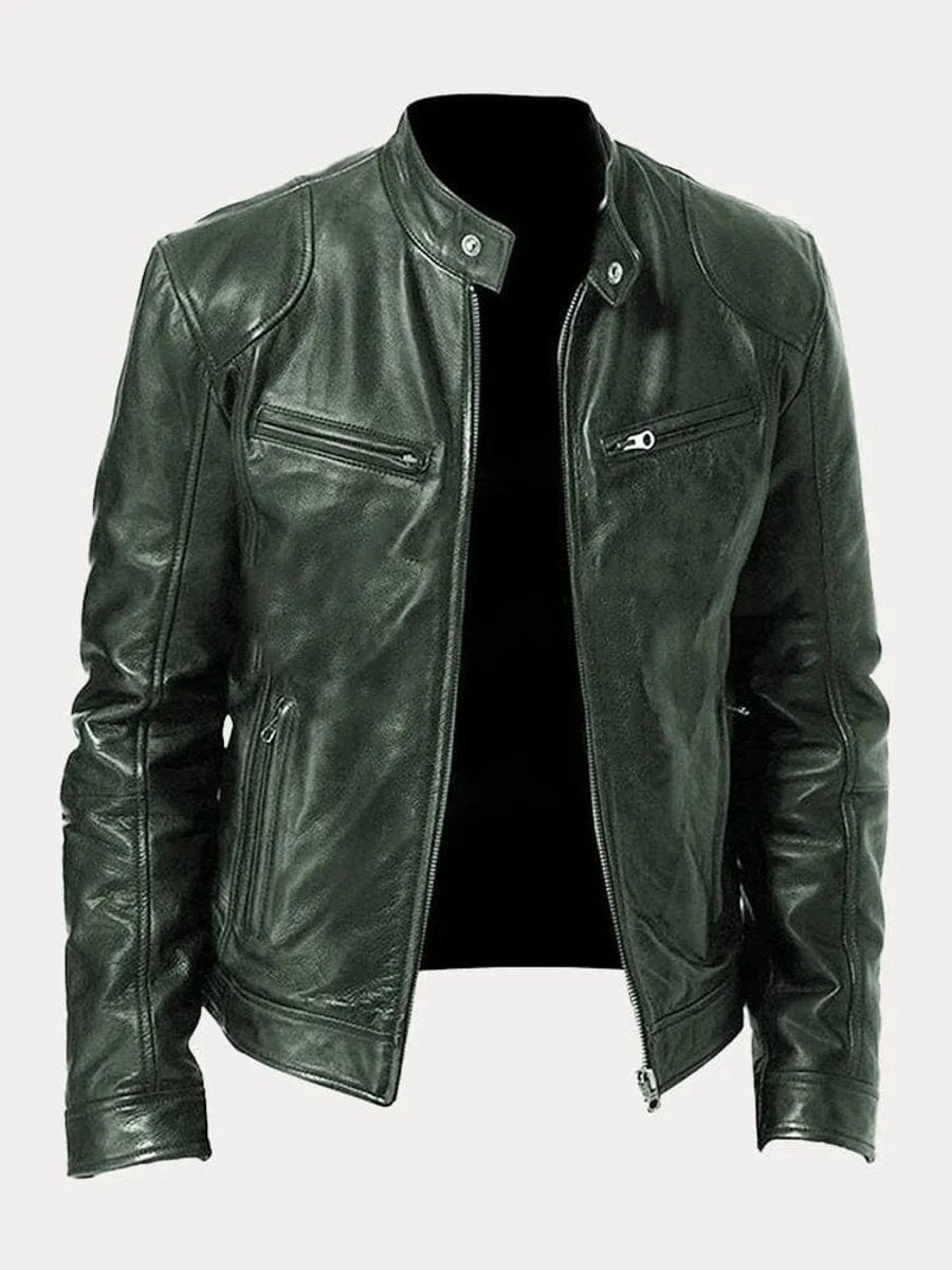Men's Leather Biker Coat with Quilted Panels
