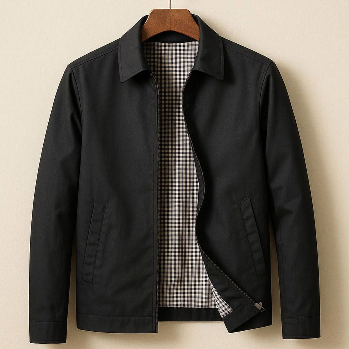 Men's Zip-Front Harrington Jacket with Contrast Check Lining