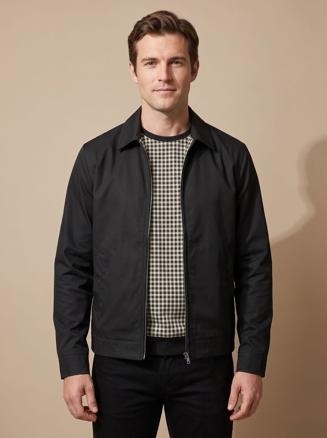 Men's Zip-Front Harrington Jacket with Contrast Check Lining