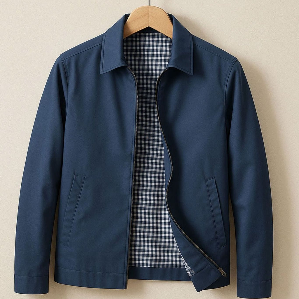 Men's Zip-Front Harrington Jacket with Contrast Check Lining