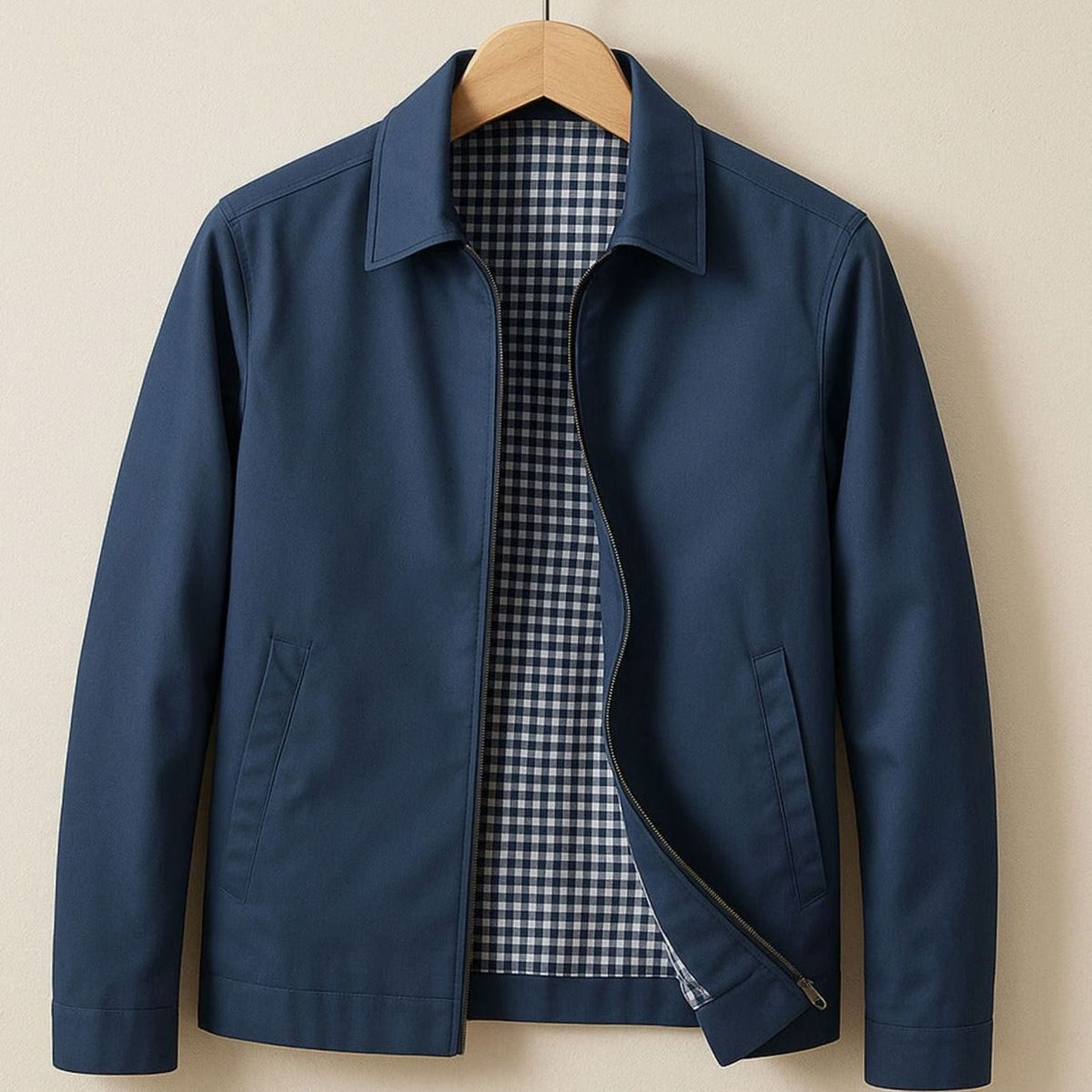 Men's Zip-Front Harrington Jacket with Contrast Check Lining