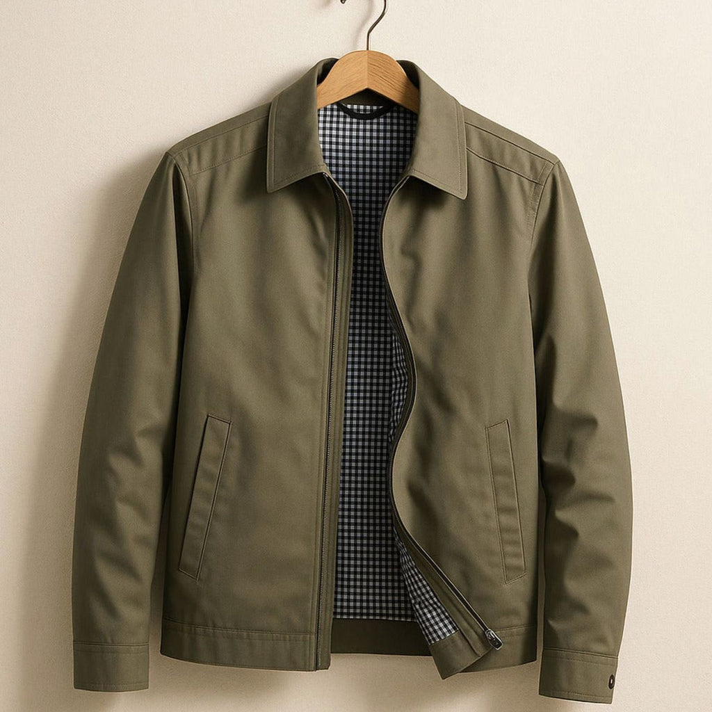 Men's Zip-Front Harrington Jacket with Contrast Check Lining
