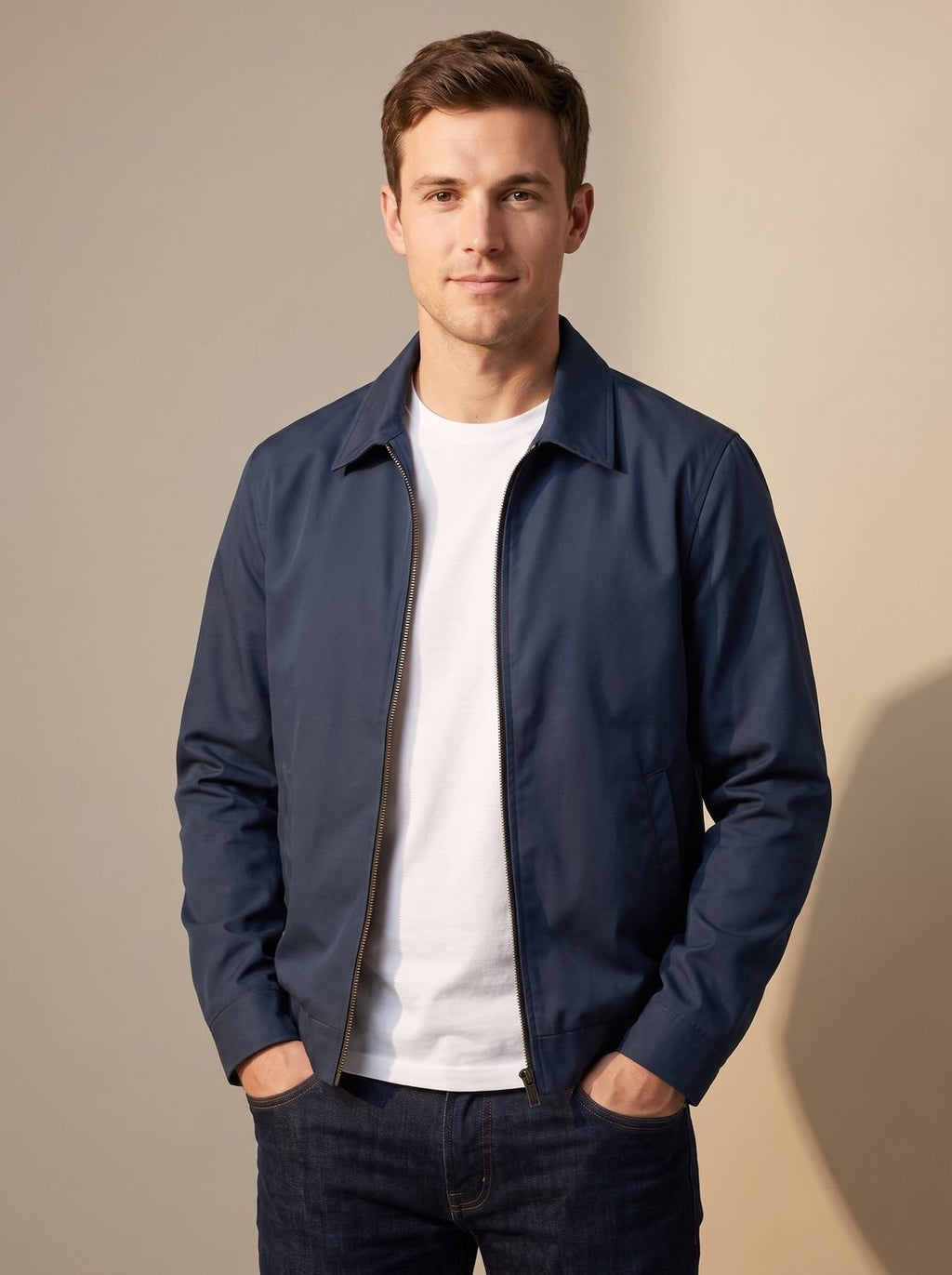 Men's Zip-Front Harrington Jacket with Contrast Check Lining