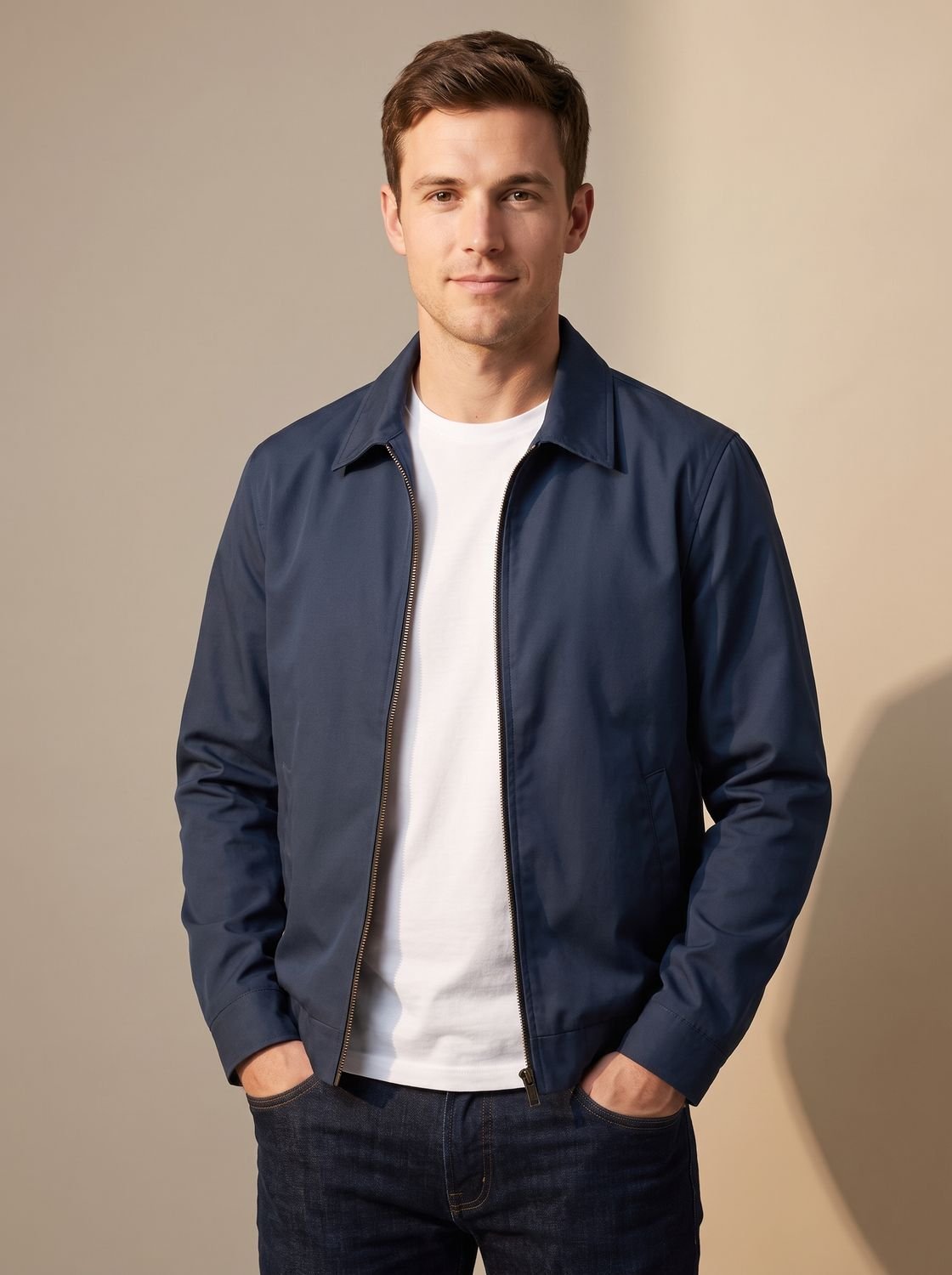 Men's Zip-Front Harrington Jacket with Contrast Check Lining