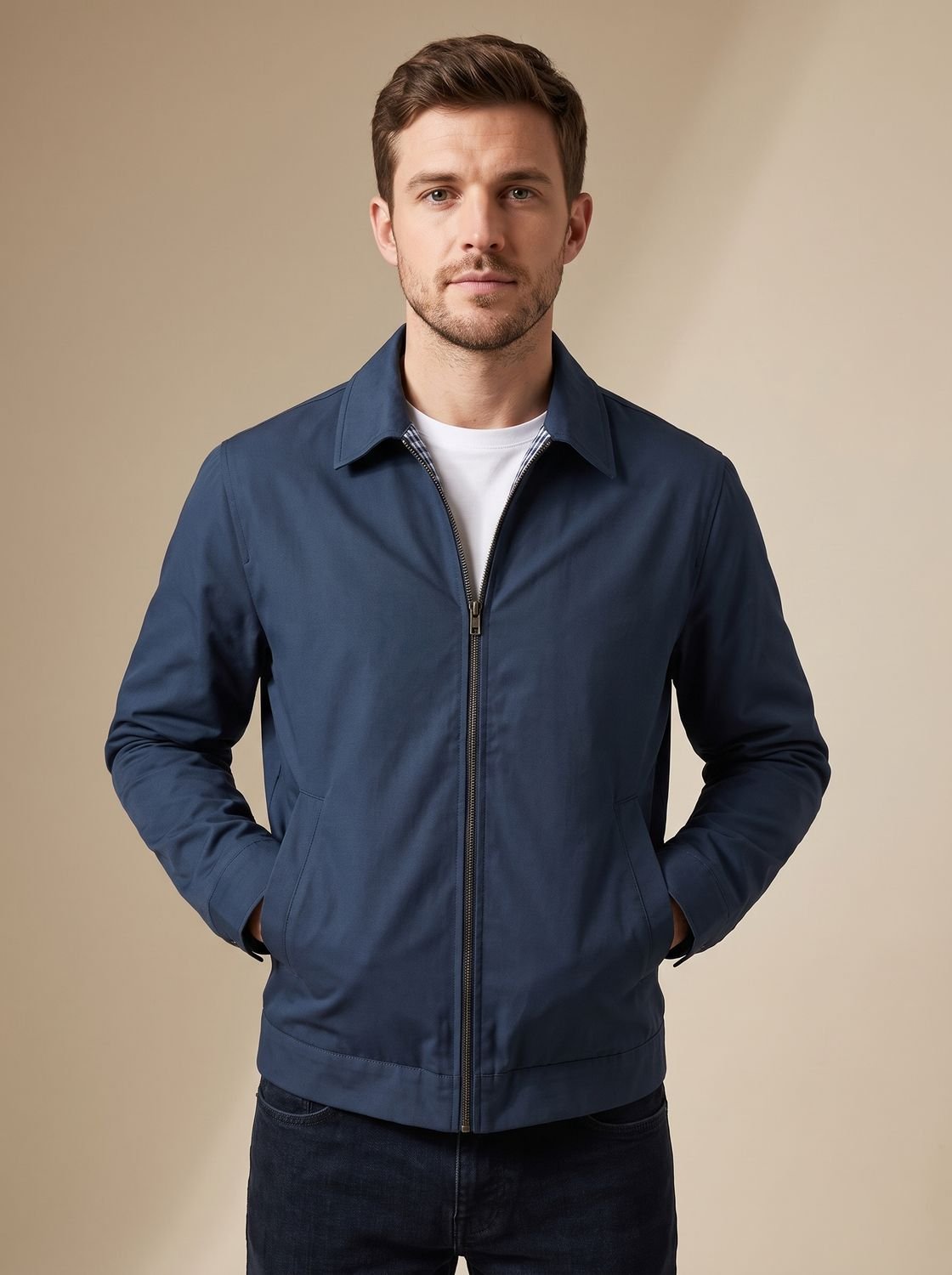 Men's Zip-Front Harrington Jacket with Contrast Check Lining