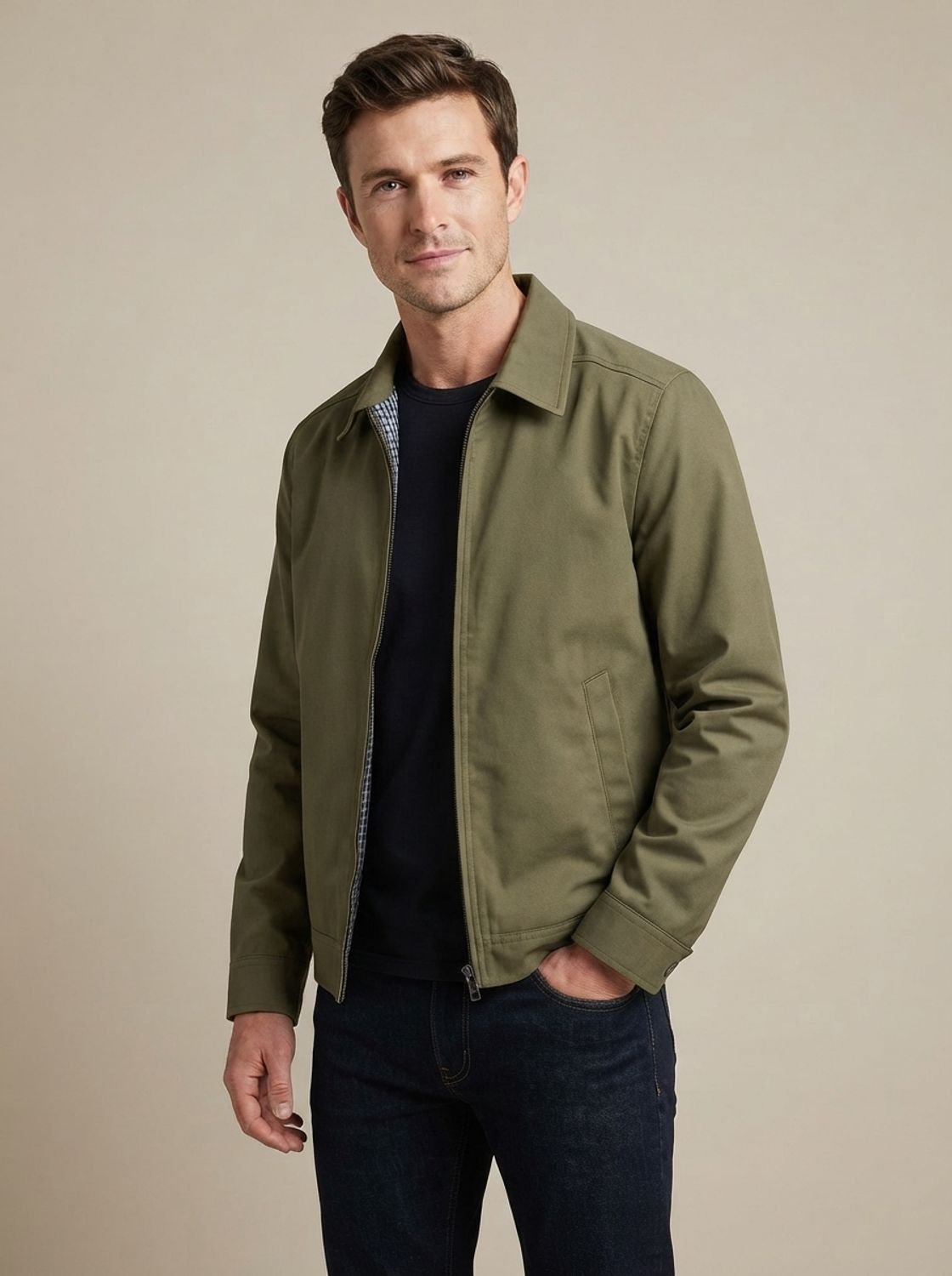 Men's Zip-Front Harrington Jacket with Contrast Check Lining