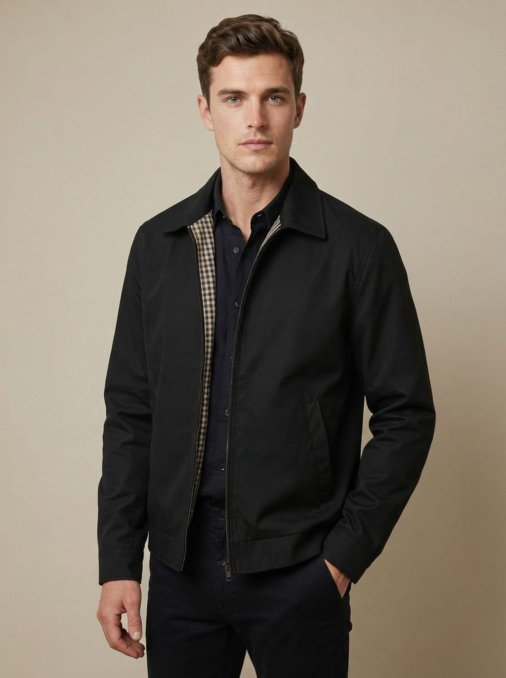 Men's Zip-Front Harrington Jacket with Contrast Check Lining