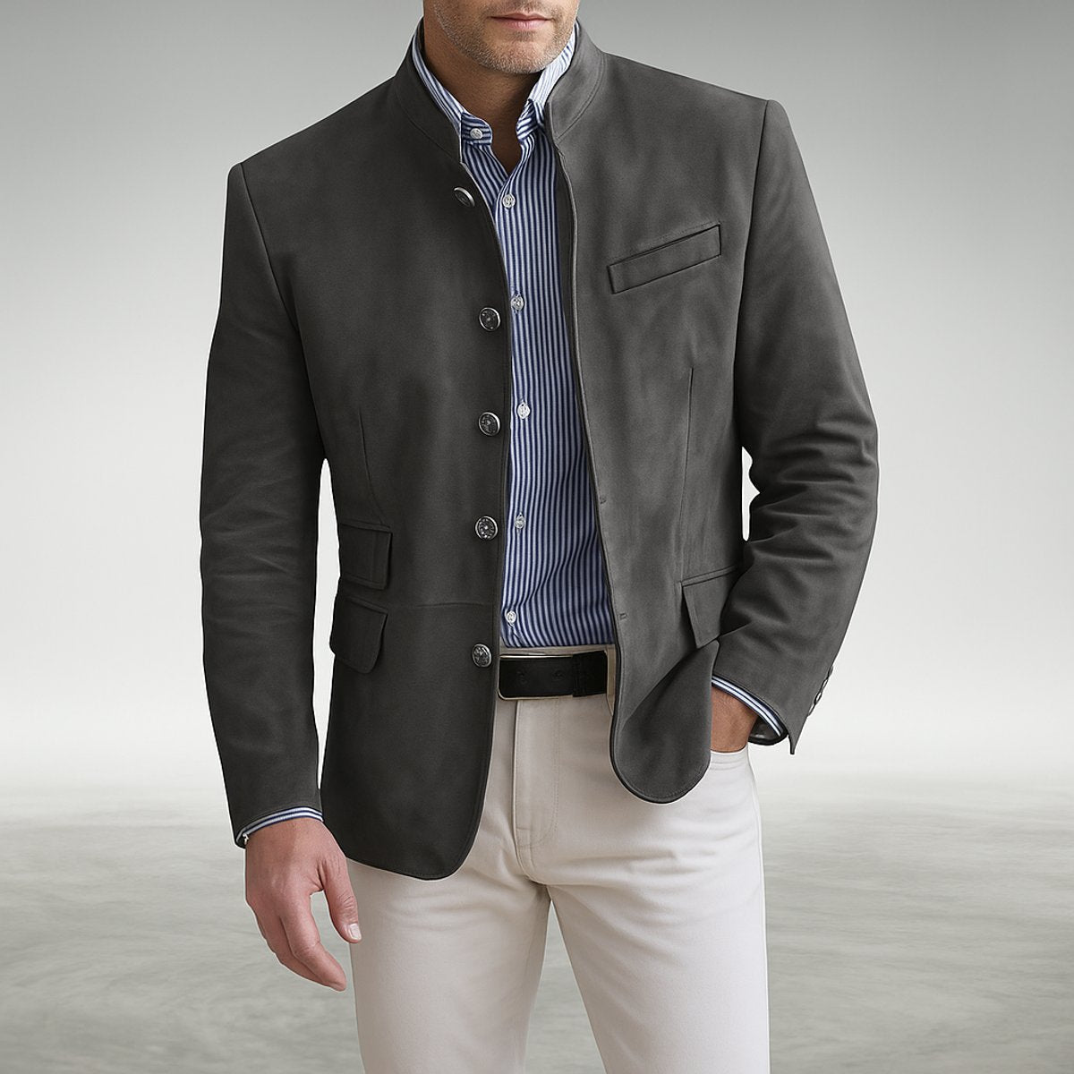Men's Tailored Button-Front Jacket with Stand Neckline