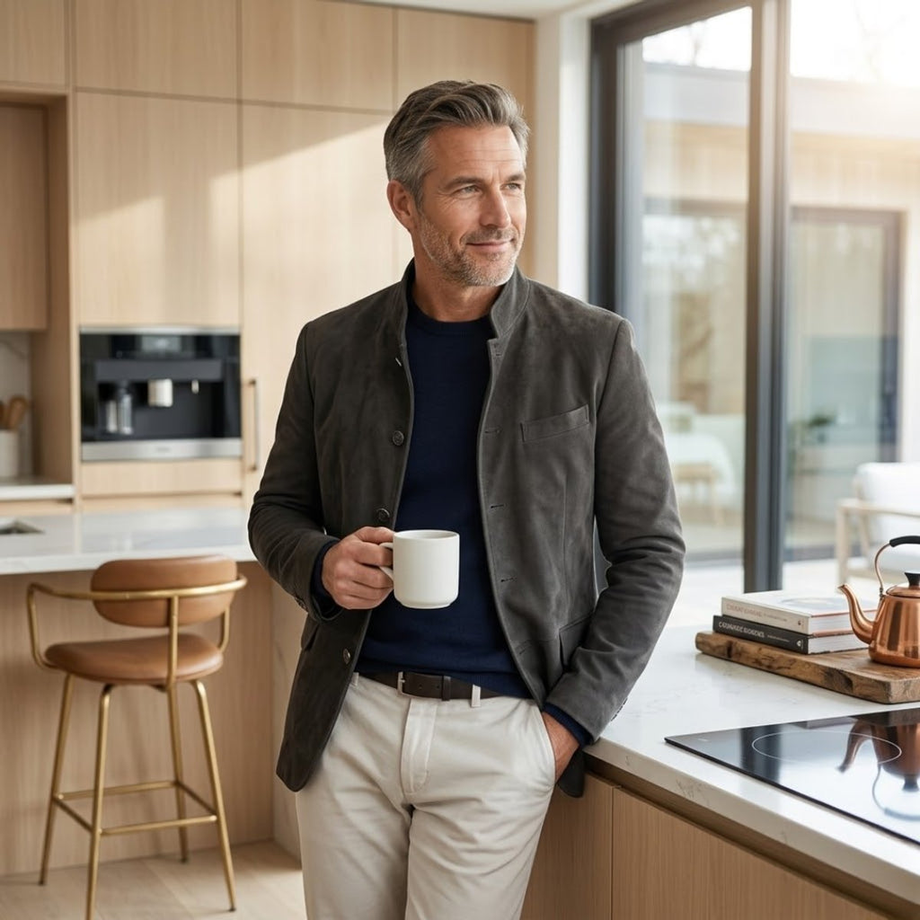 Men's Tailored Button-Front Jacket with Stand Neckline