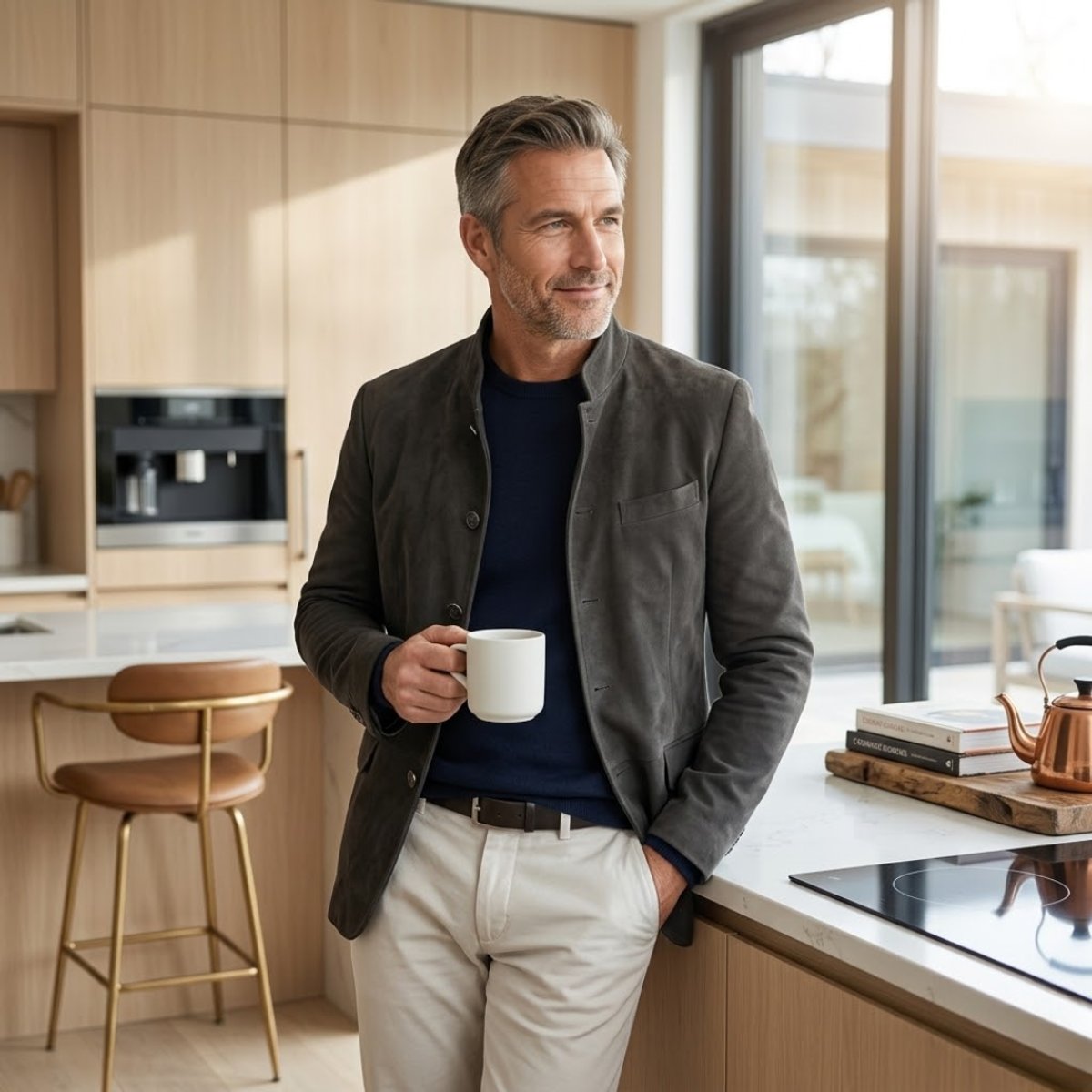 Men's Tailored Button-Front Jacket with Stand Neckline
