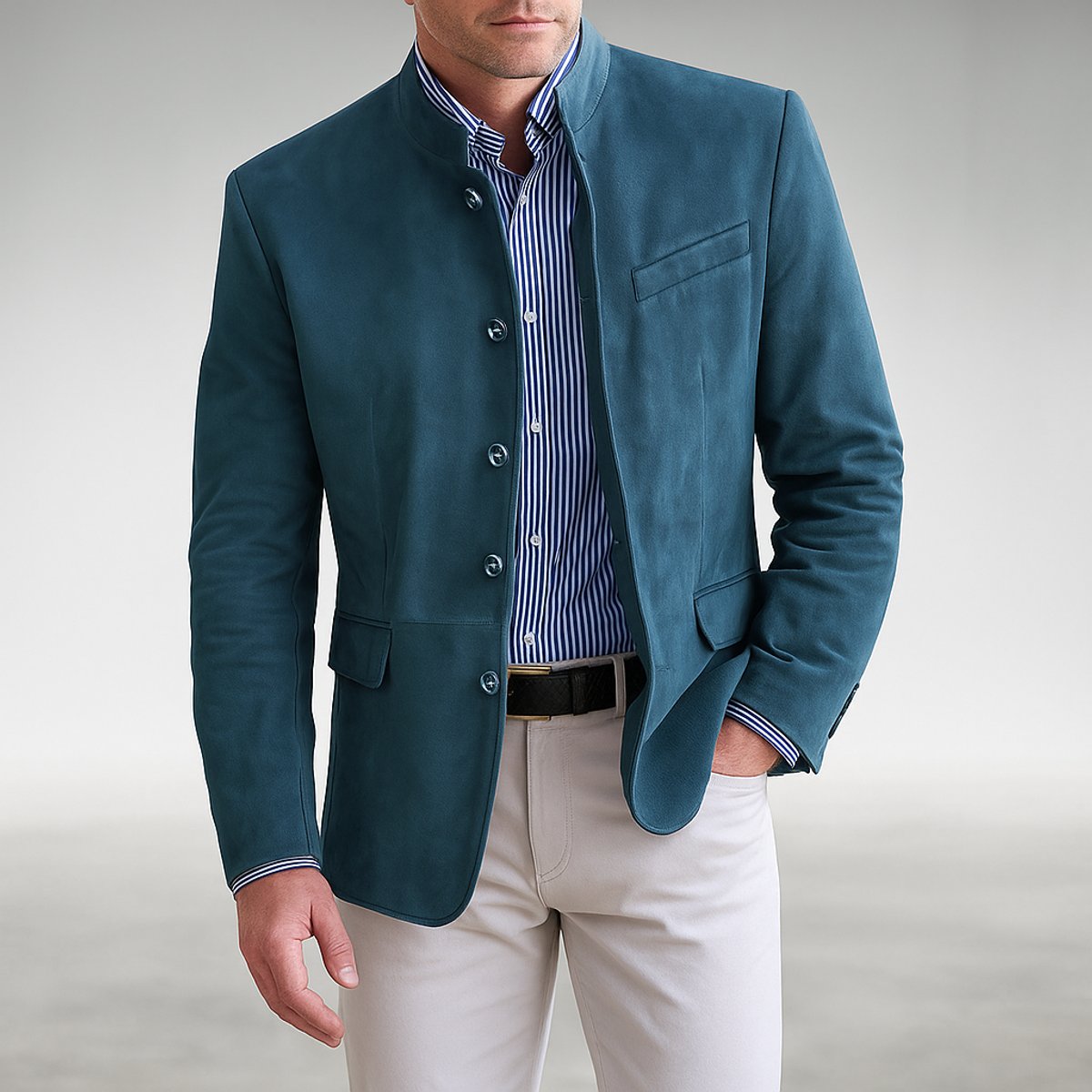 Men's Tailored Button-Front Jacket with Stand Neckline