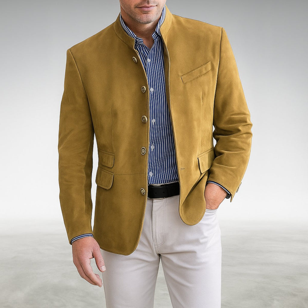 Men's Tailored Button-Front Jacket with Stand Neckline