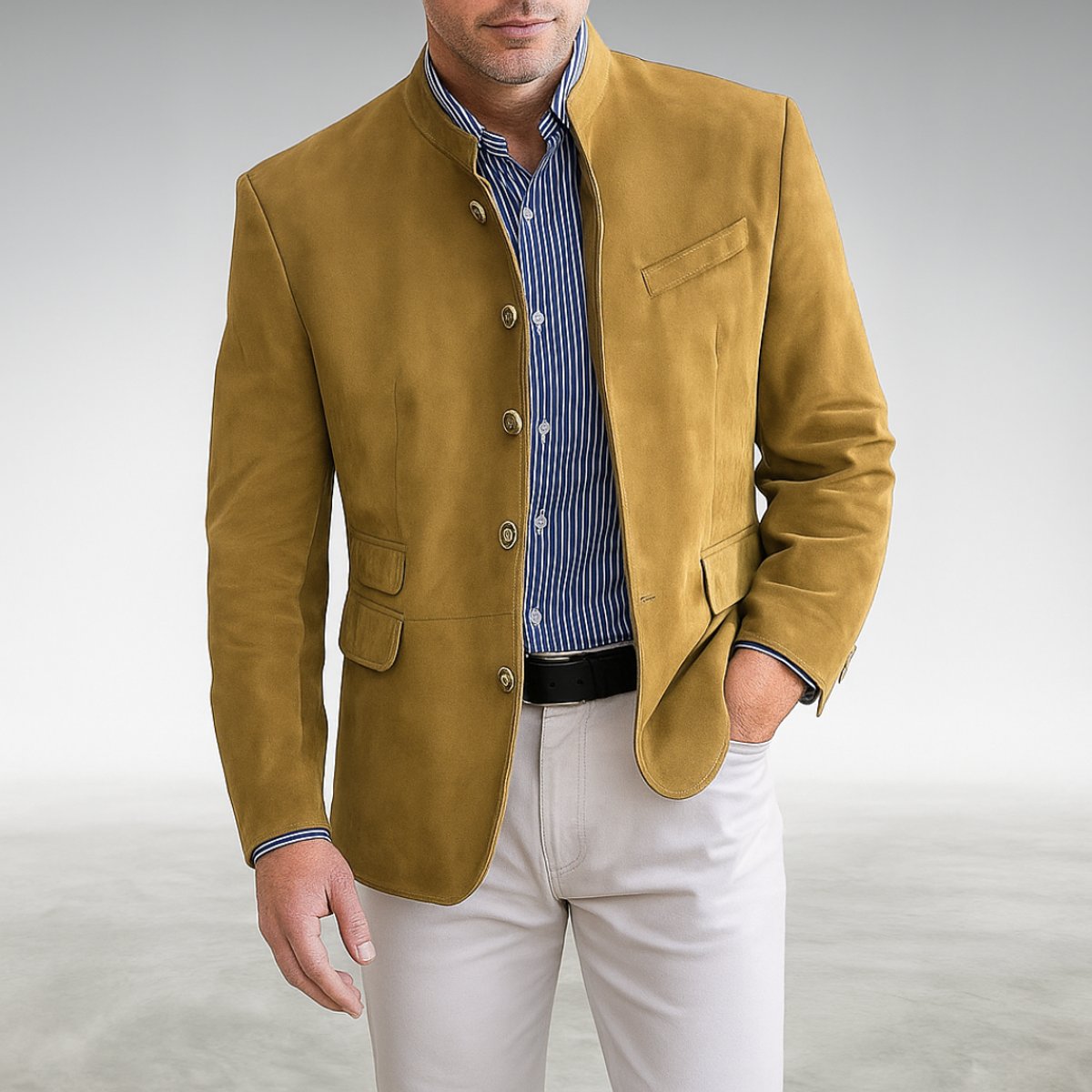 Men's Tailored Button-Front Jacket with Stand Neckline