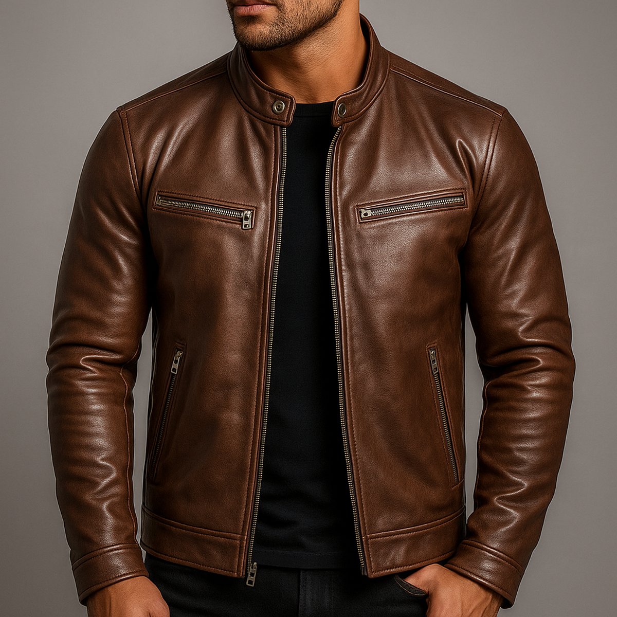 Men's Retro Zip-Front Leather Biker Jacket
