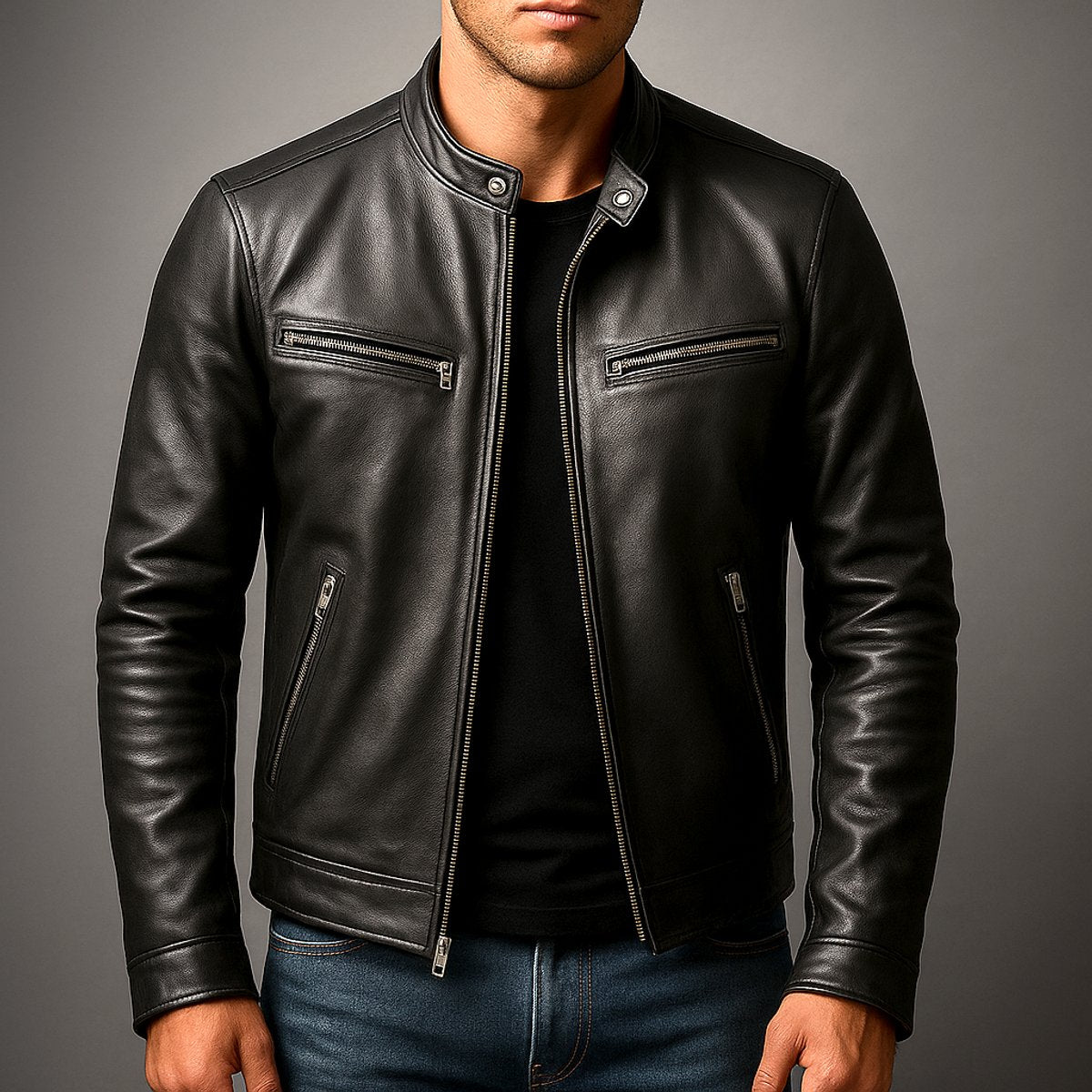 Men's Retro Zip-Front Leather Biker Jacket