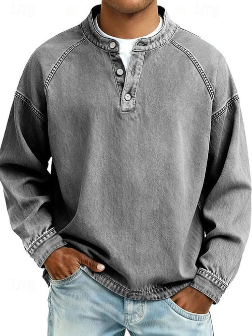 Men's Casual Washed Look Button Placket Henley Pullover