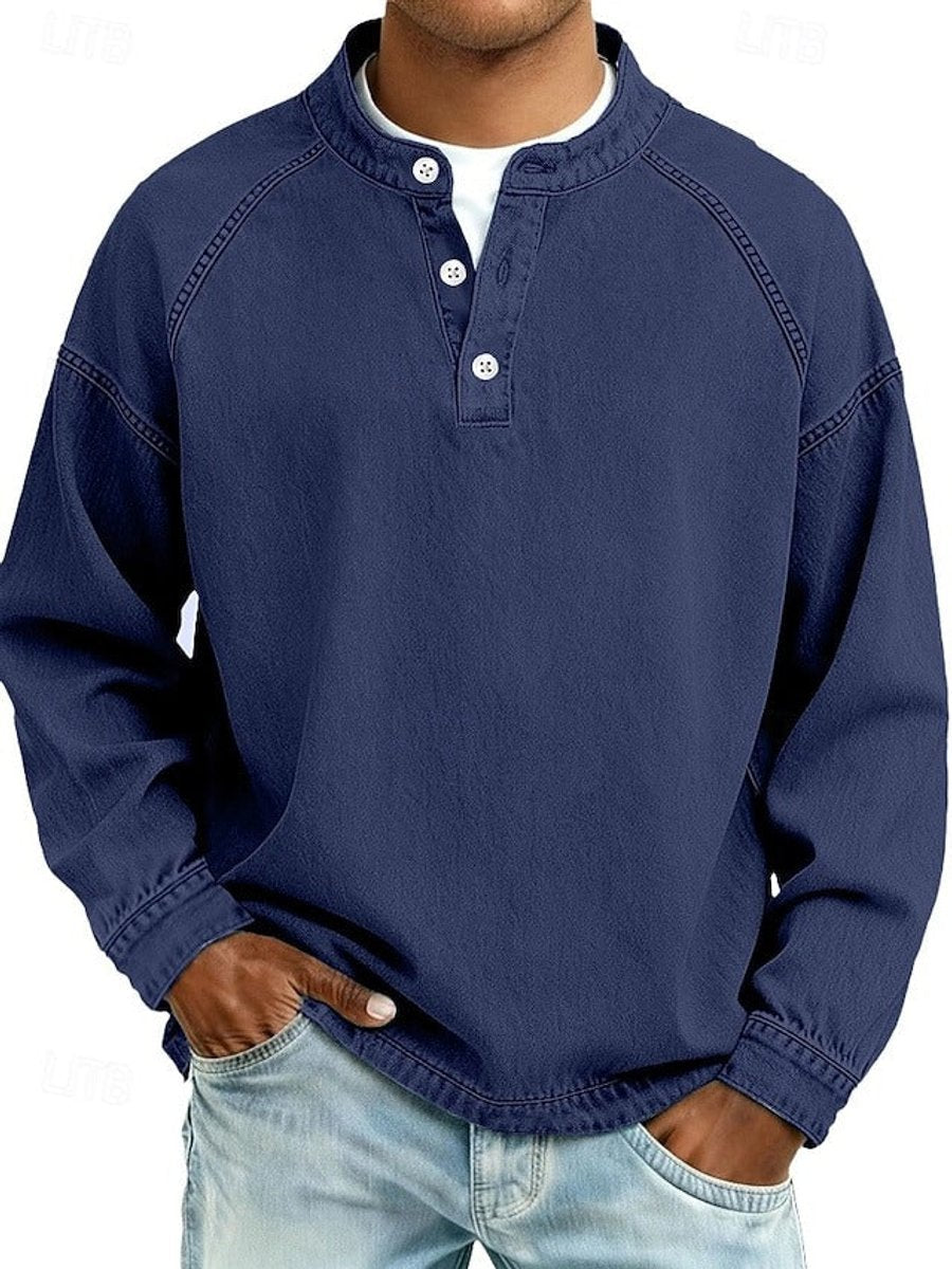 Men's Casual Washed Look Button Placket Henley Pullover