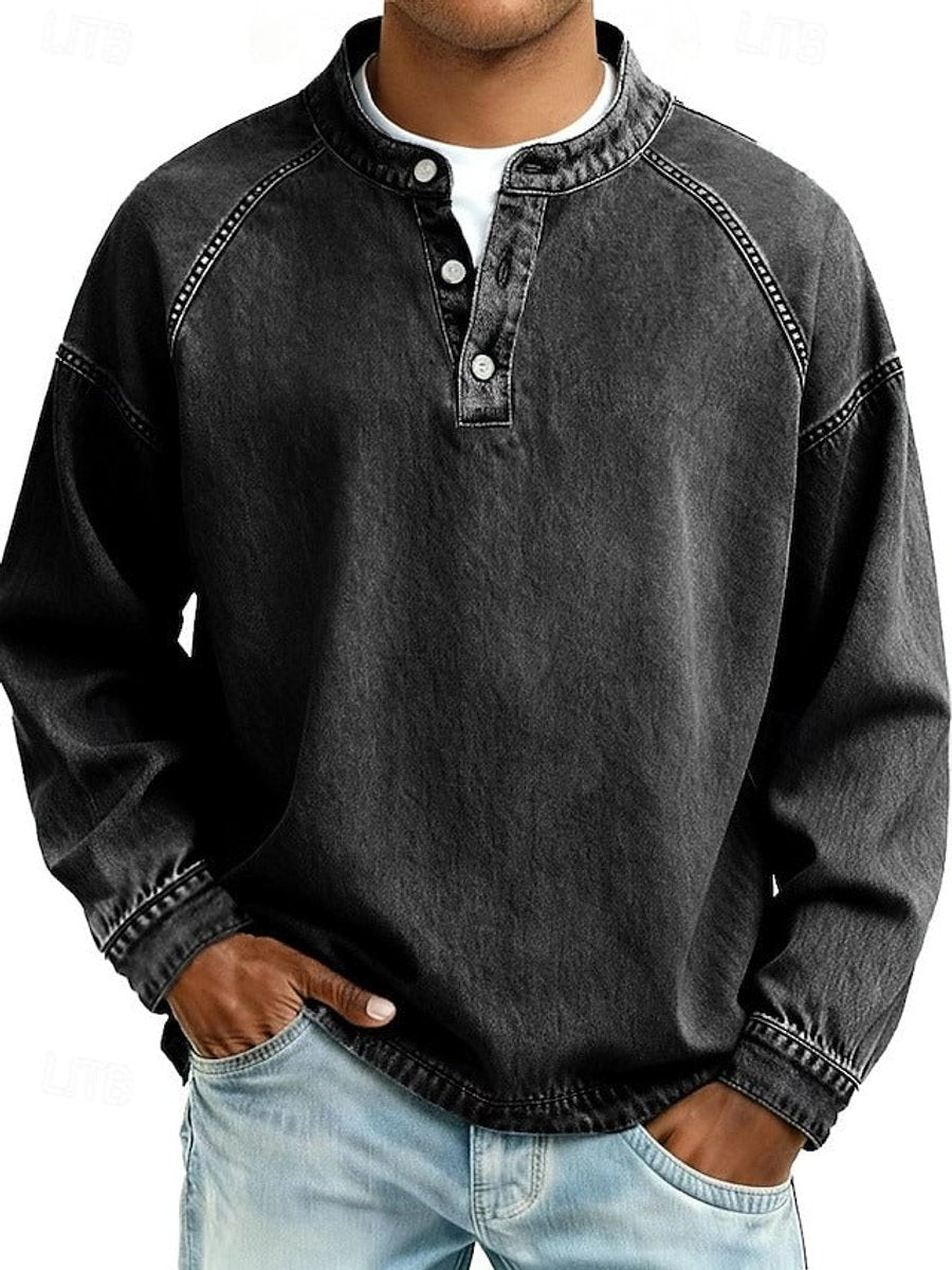 Men's Casual Washed Look Button Placket Henley Pullover