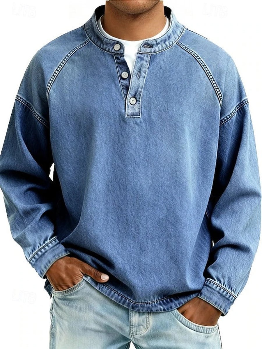 Men's Casual Washed Look Button Placket Henley Pullover